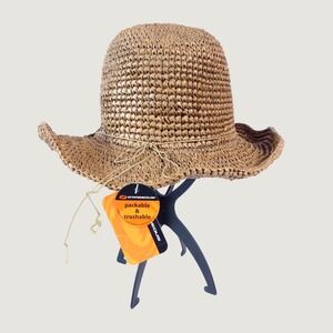 O'Rageous Raffia Straw Beach Hat Packable Crushable OS Brown Bead Accent NWT